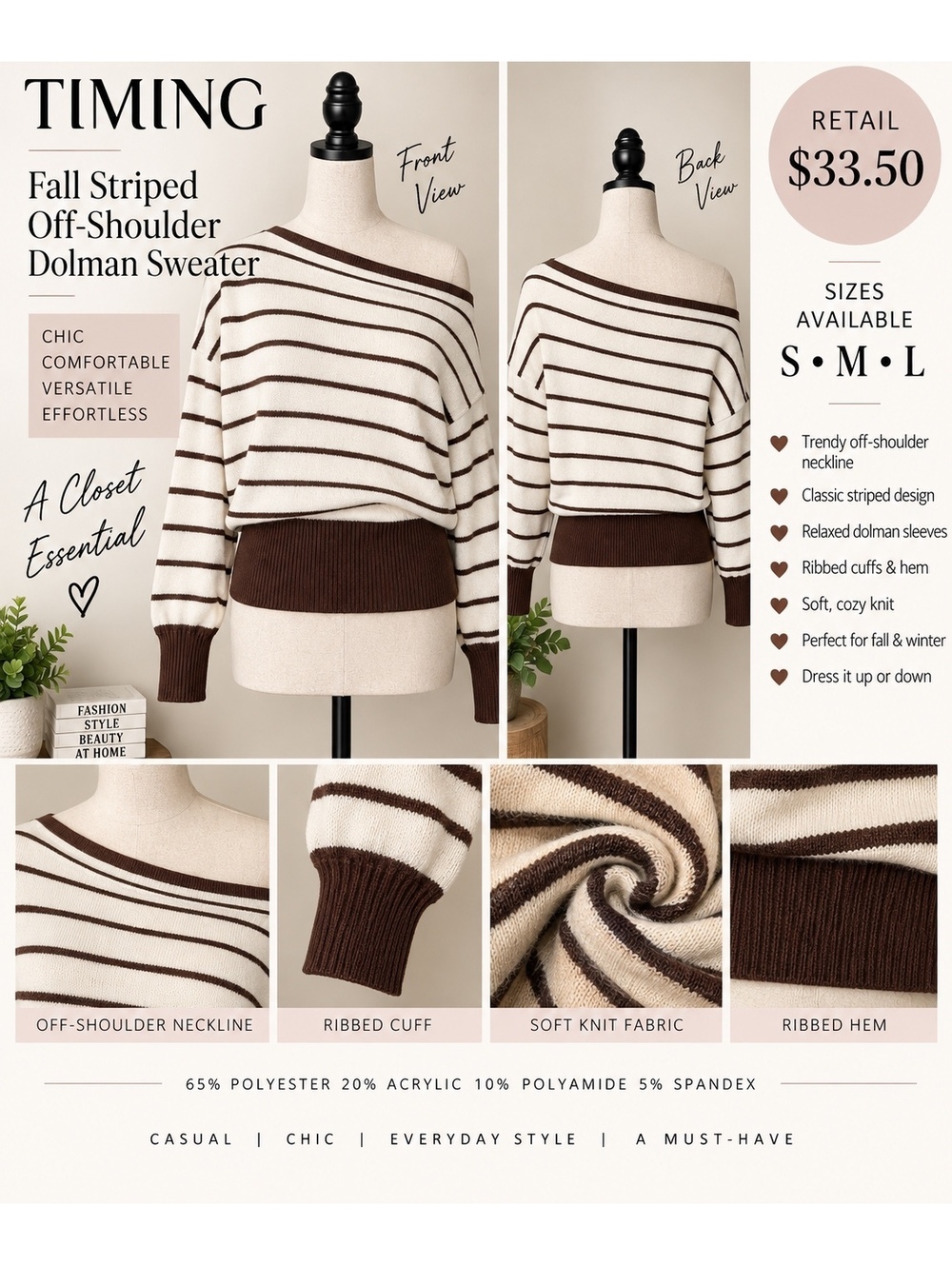 Timing Los Angeles Fall Striped Off-Shoulder Dolman Sweater